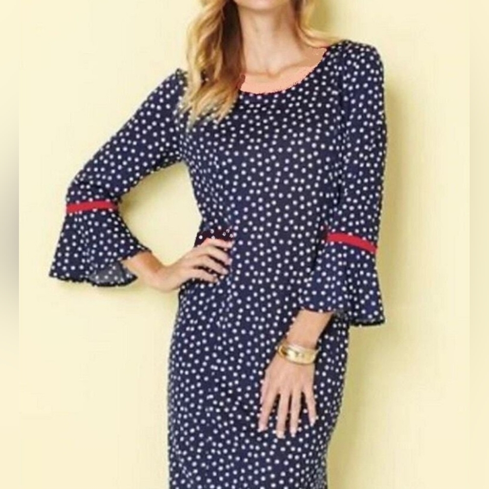 ENFOCUS STUDIO Navy Knee-Length Dress Flutter Sleeves White/Red Accents. Size 8.